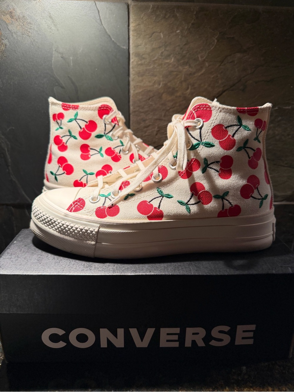 Converse High Top Sneakers in Cream with Red Cherry Print